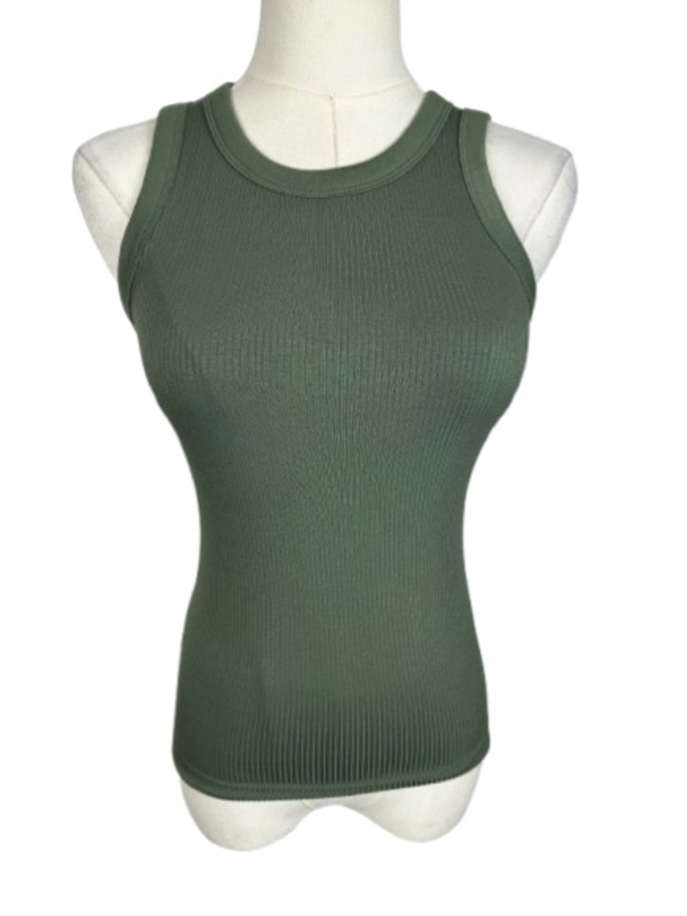 Olive Ribbed Tank Top - Sleeveless Fitted Knit
